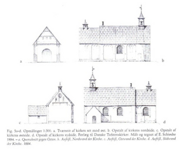 Tegning af kirken fra forskellige vinkler
